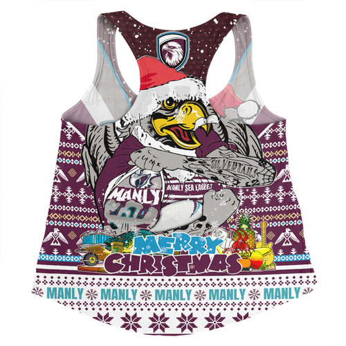 Manly Warringah Sea Eagles Christmas Custom Women Racerback Singlet - Manly Santa Aussie Big Things Women Racerback Singlet