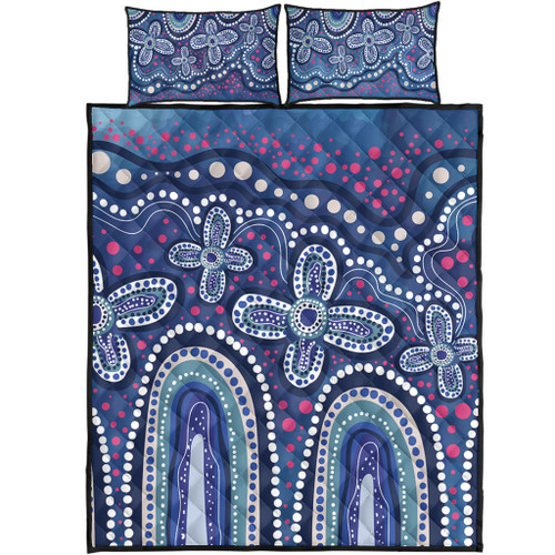 Australia Aboriginal Quilt Bed Set - Dot painting illustration in Aboriginal style Blue Quilt Bed Set Australia Aboriginal Quilt Bed Set - Dot painting illustration in Aboriginal style Blue Quilt Bed Set