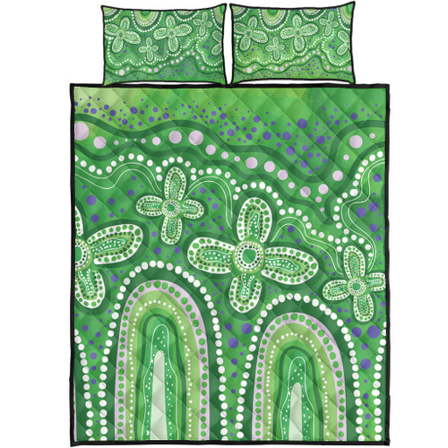 Australia Aboriginal Quilt Bed Set - Dot painting illustration in Aboriginal style Green Quilt Bed Set Australia Aboriginal Quilt Bed Set - Dot painting illustration in Aboriginal style Green Quilt Bed Set