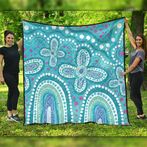 Australia Aboriginal Quilt - Dot painting illustration in Aboriginal style Turquoise Quilt Australia Aboriginal Quilt - Dot painting illustration in Aboriginal style Turquoise Quilt