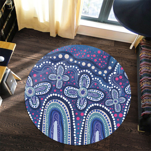 Australia Aboriginal Round Rug - Dot painting illustration in Aboriginal style Blue Round Rug Australia Aboriginal Round Rug - Dot painting illustration in Aboriginal style Blue Round Rug