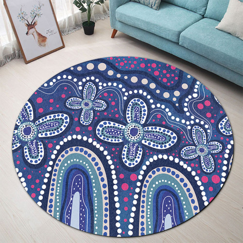 Australia Aboriginal Round Rug - Dot painting illustration in Aboriginal style Blue Round Rug