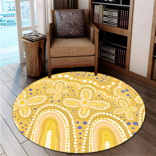 Australia Aboriginal Round Rug - Dot painting illustration in Aboriginal style Yellow Round Rug Australia Aboriginal Round Rug - Dot painting illustration in Aboriginal style Yellow Round Rug