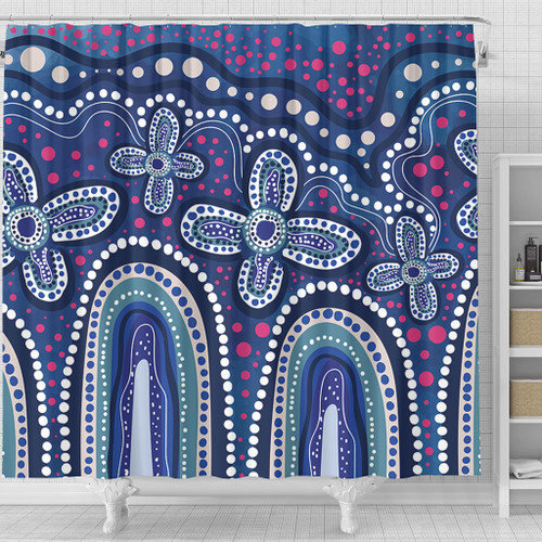 Australia Aboriginal Shower Curtain - Dot painting illustration in Aboriginal style Blue Shower Curtain