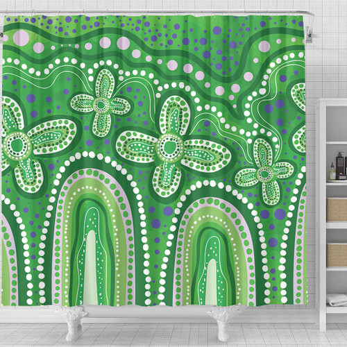 Australia Aboriginal Shower Curtain - Dot painting illustration in Aboriginal style Green Shower Curtain