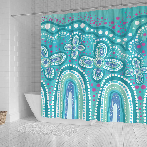 Australia Aboriginal Shower Curtain - Dot painting illustration in Aboriginal style Turquoise Shower Curtain
