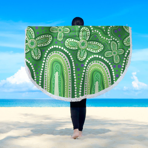 Australia Aboriginal Beach Blanket - Dot painting illustration in Aboriginal style Green Beach Blanket Australia Aboriginal Beach Blanket - Dot painting illustration in Aboriginal style Green Beach Blanket