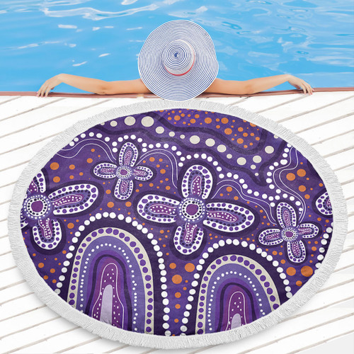 Australia Aboriginal Beach Blanket - Dot painting illustration in Aboriginal style Purple Beach Blanket