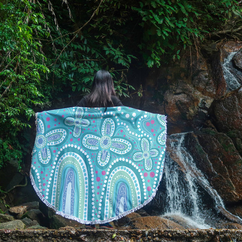 Australia Aboriginal Beach Blanket - Dot painting illustration in Aboriginal style Turquoise Beach Blanket Australia Aboriginal Beach Blanket - Dot painting illustration in Aboriginal style Turquoise Beach Blanket