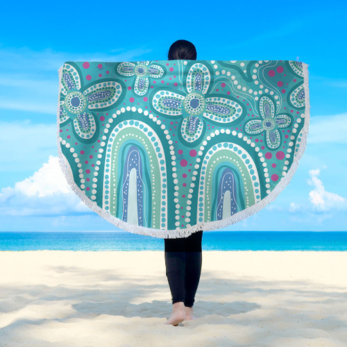 Australia Aboriginal Beach Blanket - Dot painting illustration in Aboriginal style Turquoise Beach Blanket Australia Aboriginal Beach Blanket - Dot painting illustration in Aboriginal style Turquoise Beach Blanket