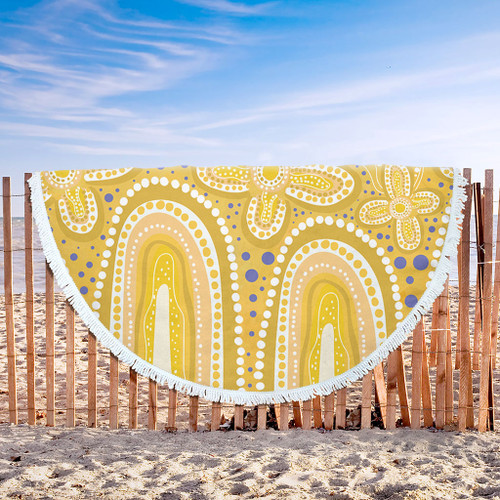 Australia Aboriginal Beach Blanket - Dot painting illustration in Aboriginal style Yellow Beach Blanket Australia Aboriginal Beach Blanket - Dot painting illustration in Aboriginal style Yellow Beach Blanket