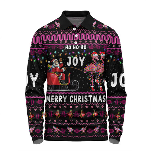 Australia Christmas Custom Long Sleeve Polo Shirt - Aussie Christmas Pink Flamingo Santa Sleigh Long Sleeve Polo Shirt