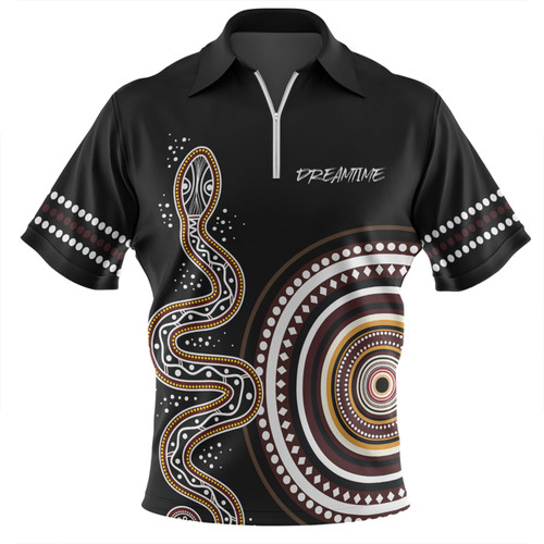 Australia Rainbow Serpent Aboriginal Custom Zip Polo Shirt - Dreamtime Mother of Life Black Zip Polo Shirt