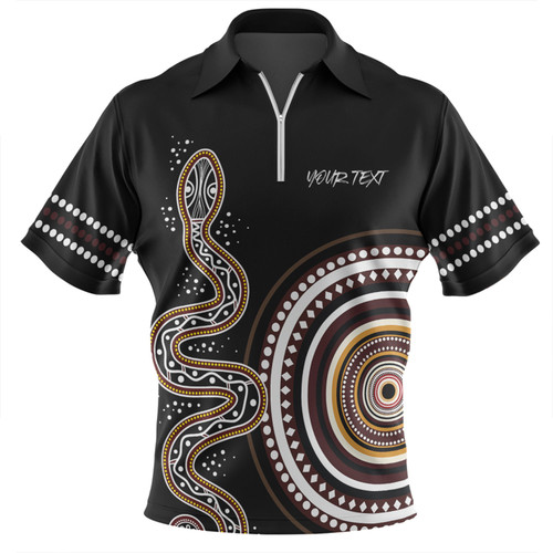 Australia Rainbow Serpent Aboriginal Custom Zip Polo Shirt - Dreamtime Mother of Life Black Zip Polo Shirt Australia Rainbow Serpent Aboriginal Custom Zip Polo Shirt - Dreamtime Mother of Life Black Zip Polo Shirt