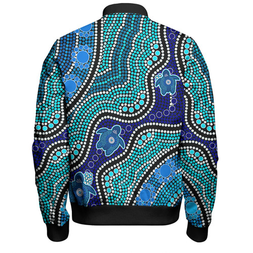 Australia Personalised Aboriginal Custom Bomber Jacket - River And Turtles Dot Art Painting Blue Bomber Jacket Australia Personalised Aboriginal Custom Bomber Jacket - River And Turtles Dot Art Painting Blue Bomber Jacket