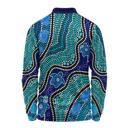 Australia Personalised Aboriginal Custom Long Sleeve Polo Shirt - River And Turtles Dot Art Painting Blue Long Sleeve Polo Shirt Australia Personalised Aboriginal Custom Long Sleeve Polo Shirt - River And Turtles Dot Art Painting Blue Long Sleeve Polo Shirt