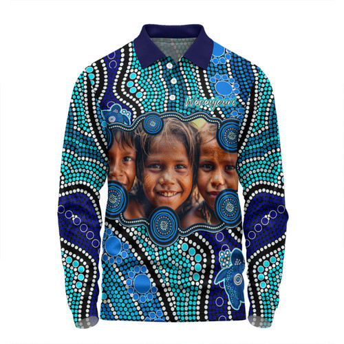 Australia Personalised Aboriginal Custom Long Sleeve Polo Shirt - River And Turtles Dot Art Painting Blue Long Sleeve Polo Shirt