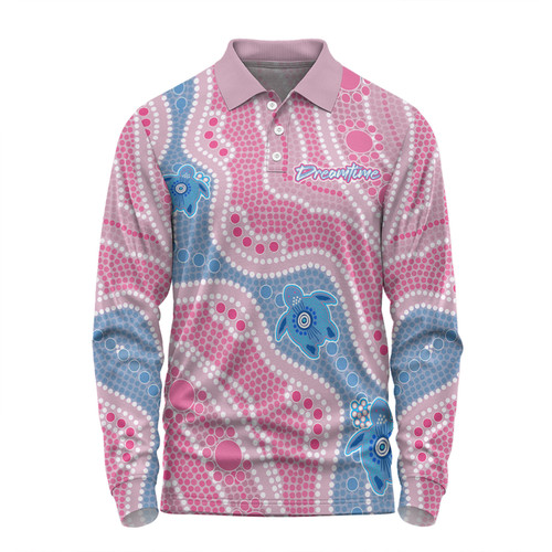 Australia Turtles Aboriginal Custom Long Sleeve Polo Shirt - Dreamtime River And Turtles Dot Art Painting Pink Long Sleeve Polo Shirt