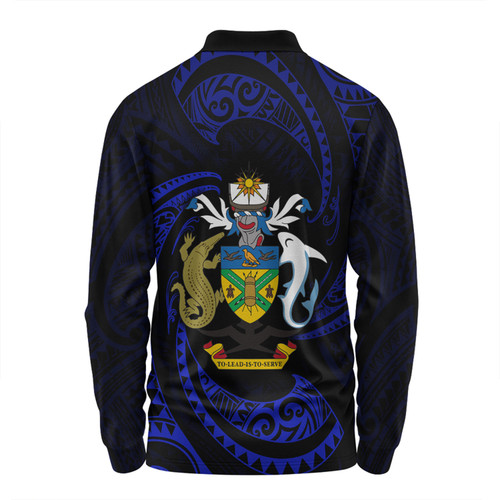 Australia South Sea Islanders Long Sleeve Polo Shirt - Solomon Islands Blue Tribal Wave Pattern Long Sleeve Polo Shirt Australia South Sea Islanders Long Sleeve Polo Shirt - Solomon Islands Blue Tribal Wave Pattern Long Sleeve Polo Shirt