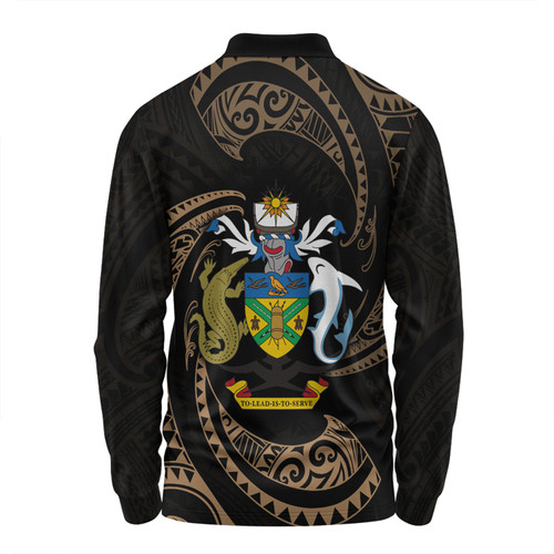 Australia South Sea Islanders Long Sleeve Polo Shirt - Solomon Islands Gold Tribal Wave Pattern Long Sleeve Polo Shirt Australia South Sea Islanders Long Sleeve Polo Shirt - Solomon Islands Gold Tribal Wave Pattern Long Sleeve Polo Shirt