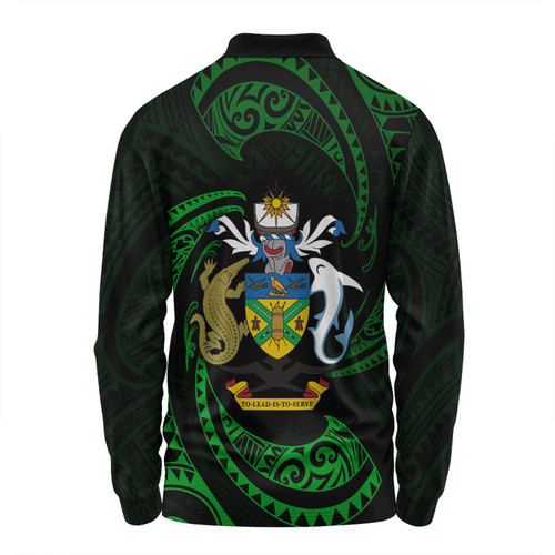 Australia South Sea Islanders Long Sleeve Polo Shirt - Solomon Islands Green Tribal Wave Pattern Long Sleeve Polo Shirt Australia South Sea Islanders Long Sleeve Polo Shirt - Solomon Islands Green Tribal Wave Pattern Long Sleeve Polo Shirt