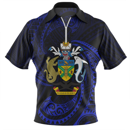 Australia South Sea Islanders Zip Polo Shirt - Solomon Islands Blue Tribal Wave Pattern Zip Polo Shirt