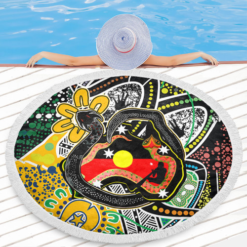 Australia Rainbow Serpent Aboriginal Beach Blanket - Dreamtime Rainbow Serpent Creates Australia Beach Blanket