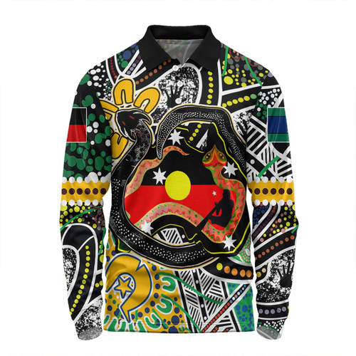Australia Rainbow Serpent Aboriginal Long Sleeve Polo Shirt - Dreamtime Rainbow Serpent Creates Australia Long Sleeve Polo Shirt