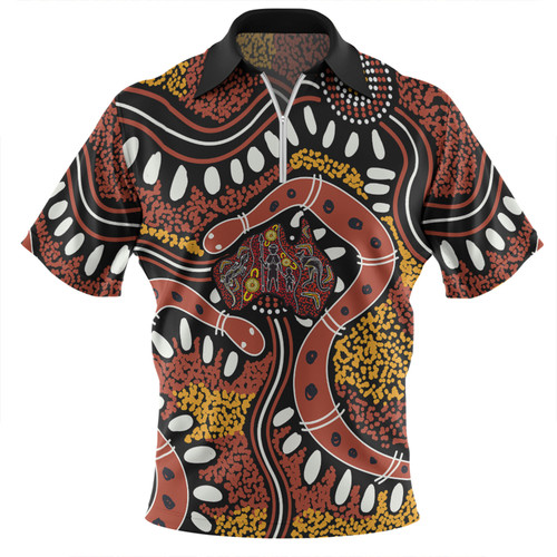 Australia Rainbow Serpent Aboriginal Zip Polo Shirt - Aboriginal Dot Art Snake Artwork Zip Polo Shirt