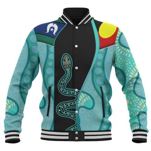 Australia Aboriginal Custom Baseball Jacket - Turquoise Indigenous Rainbow Serpent Inspired Baseball Jacket