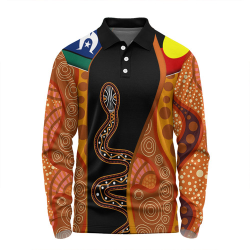 Australia Aboriginal Custom Long Sleeve Polo Shirt - Indigenous Rainbow Serpent Inspired Long Sleeve Polo Shirt
