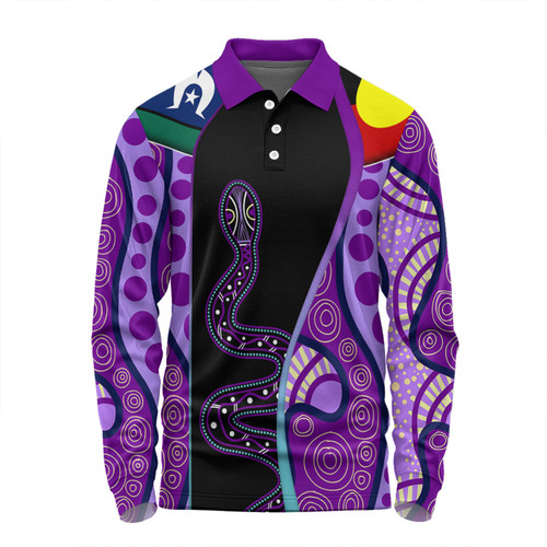 Australia Aboriginal Custom Long Sleeve Polo Shirt - Purple Indigenous Rainbow Serpent Inspired Long Sleeve Polo Shirt