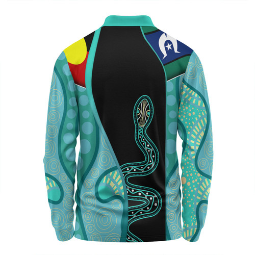 Australia Aboriginal Custom Long Sleeve Polo Shirt - Turquoise Indigenous Rainbow Serpent Inspired Long Sleeve Polo Shirt Australia Aboriginal Custom Long Sleeve Polo Shirt - Turquoise Indigenous Rainbow Serpent Inspired Long Sleeve Polo Shirt