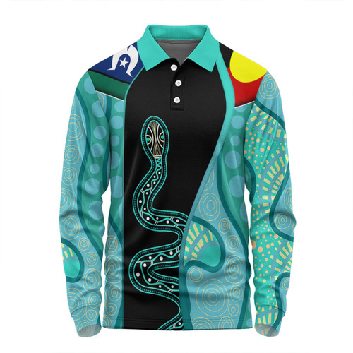 Australia Aboriginal Custom Long Sleeve Polo Shirt - Turquoise Indigenous Rainbow Serpent Inspired Long Sleeve Polo Shirt