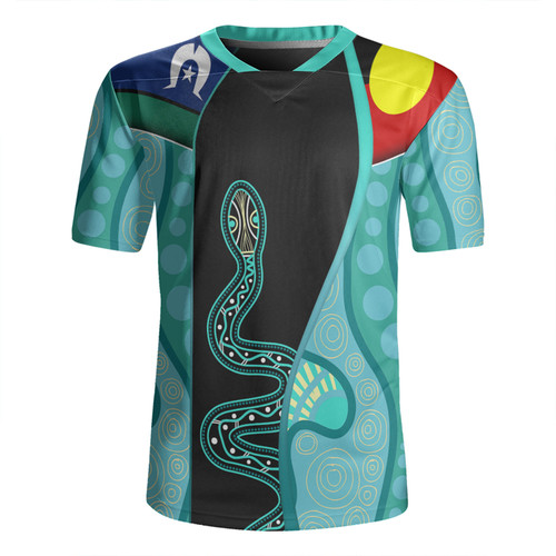 Australia Aboriginal Custom Rugby Jersey - Turquoise Indigenous Rainbow Serpent Inspired Rugby Jersey