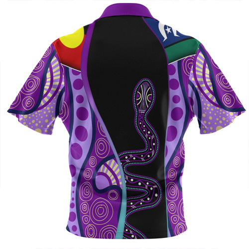 Australia Aboriginal Custom Zip Polo Shirt - Purple Indigenous Rainbow Serpent Inspired Zip Polo Shirt Australia Aboriginal Custom Zip Polo Shirt - Purple Indigenous Rainbow Serpent Inspired Zip Polo Shirt