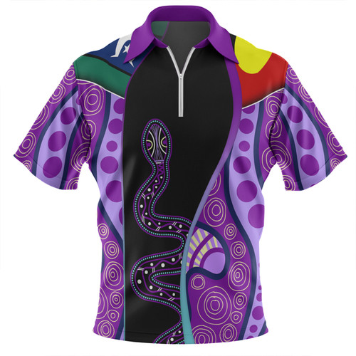 Australia Aboriginal Custom Zip Polo Shirt - Purple Indigenous Rainbow Serpent Inspired Zip Polo Shirt