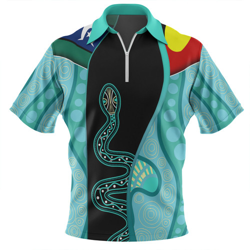 Australia Aboriginal Custom Zip Polo Shirt - Turquoise Indigenous Rainbow Serpent Inspired Zip Polo Shirt