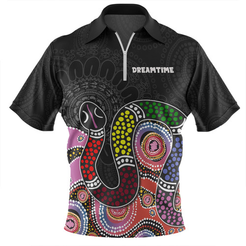 Australia Rainbow Serpent Aboriginal Custom Zip Polo Shirt - Dreamtime Rainbow Serpent Featuring Dot Style Zip Polo Shirt