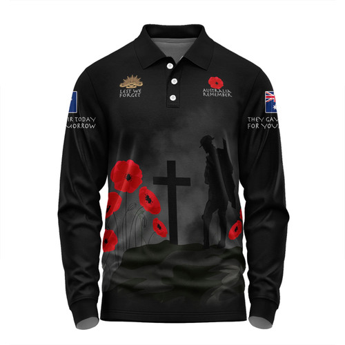 Australia Anzac Day Long Sleeve Polo Shirt - Australia Remember Black Long Sleeve Polo Shirt