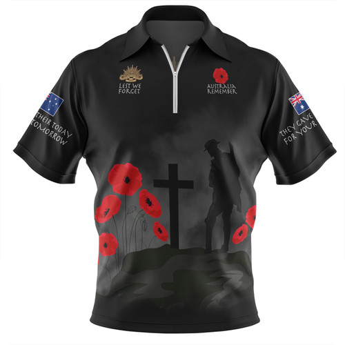 Australia Anzac Day Zip Polo Shirt - Australia Remember Black Zip Polo Shirt