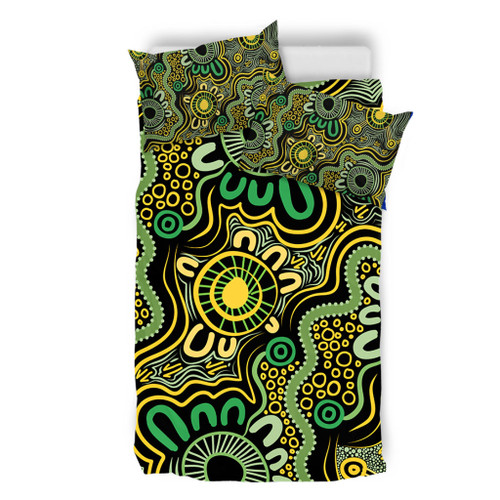 Australia Aboriginal Bedding Set - Aboriginal Art Style Green Background Bedding Set Australia Aboriginal Bedding Set - Aboriginal Art Style Green Background Bedding Set