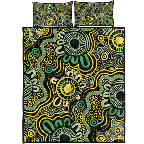 Australia Aboriginal Quilt Bed Set - Aboriginal Art Style Green Background Quilt Bed Set Australia Aboriginal Quilt Bed Set - Aboriginal Art Style Green Background Quilt Bed Set