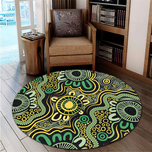 Australia Aboriginal Round Rug - Aboriginal Art Style Green Background Round Rug Australia Aboriginal Round Rug - Aboriginal Art Style Green Background Round Rug