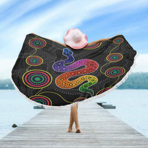 Australia Aboriginal Beach Blanket - Indigenous Dreaming Rainbow Serpent Inspired Beach Blanket Australia Aboriginal Beach Blanket - Indigenous Dreaming Rainbow Serpent Inspired Beach Blanket