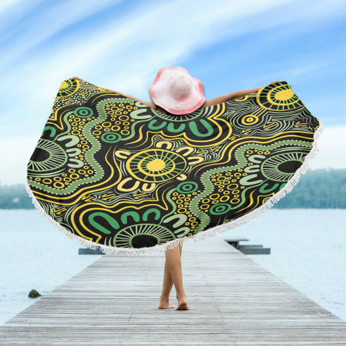 Australia Aboriginal Beach Blanket - Aboriginal Art Style Green Background Beach Blanket Australia Aboriginal Beach Blanket - Aboriginal Art Style Green Background Beach Blanket