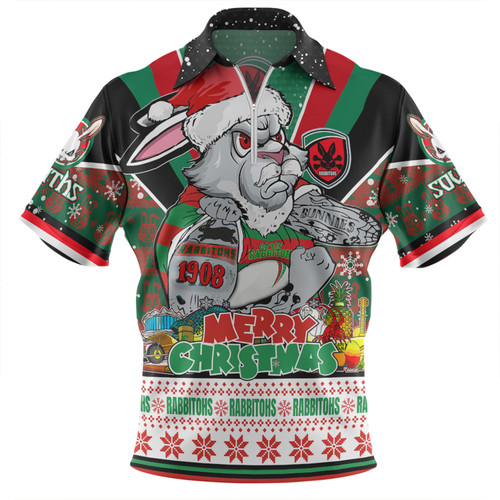 South Sydney Rabbitohs Custom Zip Polo Shirt - South Sydney Rabbitohs Santa Aussie Big Things Zip Polo Shirt