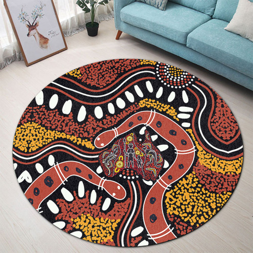 Australia Rainbow Serpent Aboriginal Round Rug - Aboriginal Dot Art Snake Artwork Round Rug