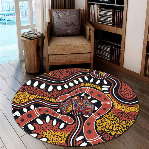Australia Rainbow Serpent Aboriginal Round Rug - Aboriginal Dot Art Snake Artwork Round Rug
