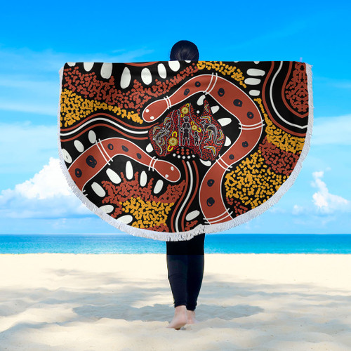 Australia Rainbow Serpent Aboriginal Beach Blanket - Aboriginal Dot Art Snake Artwork Beach Blanket Australia Rainbow Serpent Aboriginal Beach Blanket - Aboriginal Dot Art Snake Artwork Beach Blanket